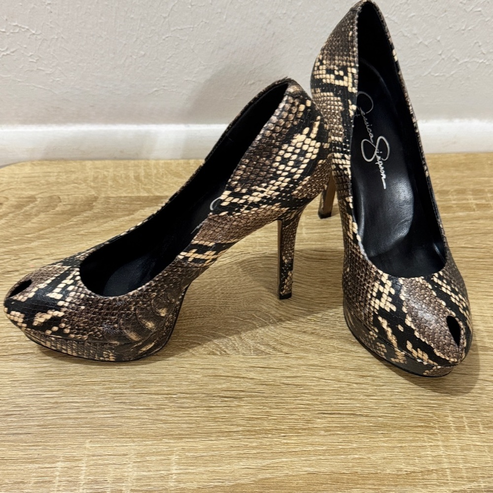 Brown Snakeskin Peep Toe Heels